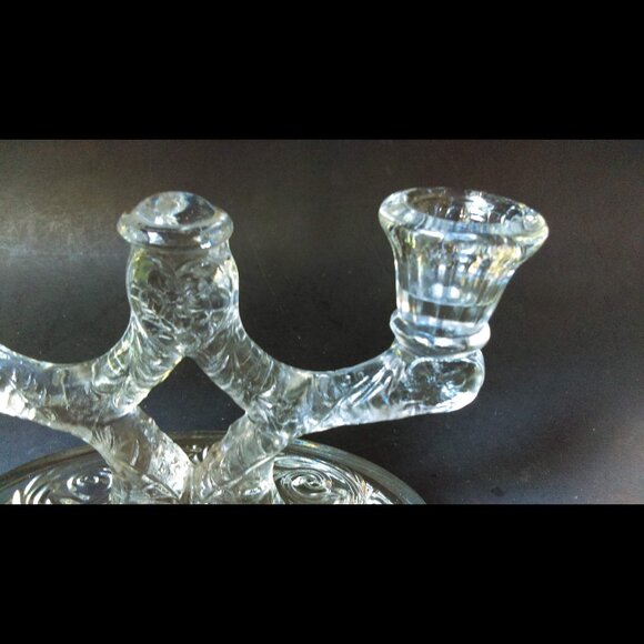 Vintage Floral Clear Pressed Art Deco Glass Double Candle Holders 5" Tall - Picture 3 of 6